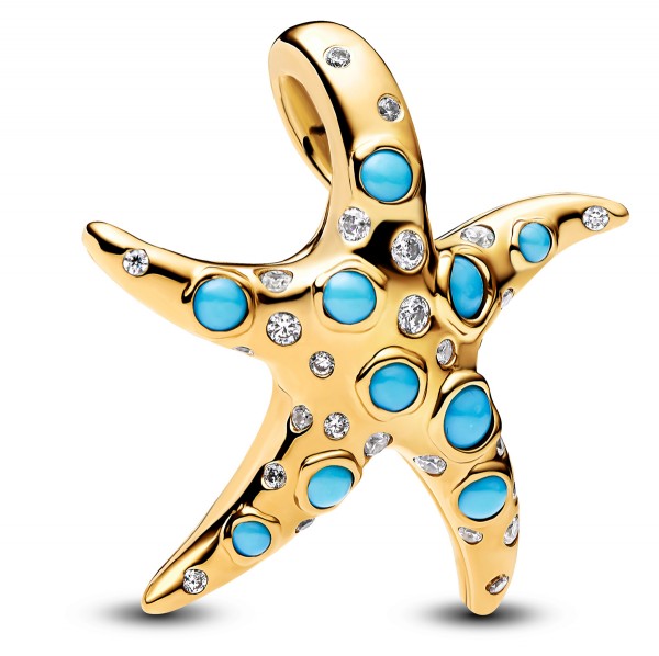 Funkelnder Blauer Seestern PANDORA SHINE Charm-Anhänger 14 Karat Vergoldung 763818C01