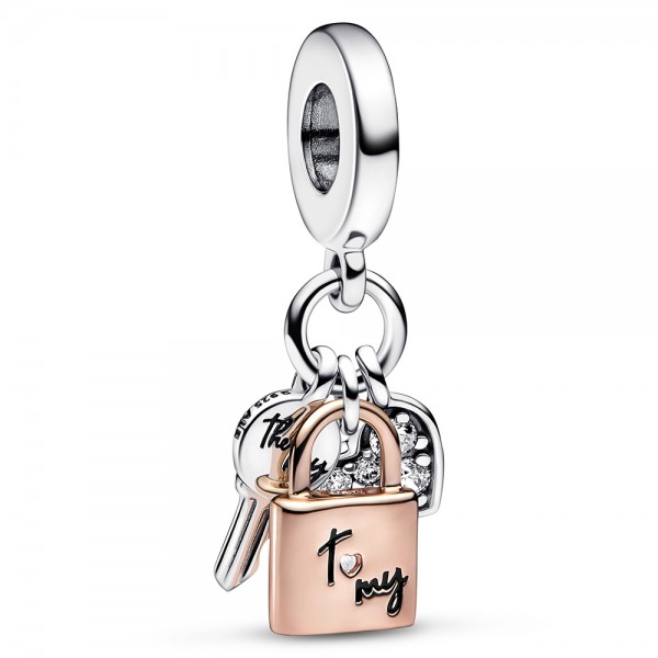 Bicolor Schlüssel, Vorhängeschloss und Herz Dreifacher PANDORA Charm-Anhänger 782506C01