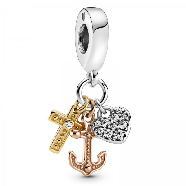 Dreifarbiger Kreuz, Herz und Anker PANDORA Charm-Anhänger 799354C01